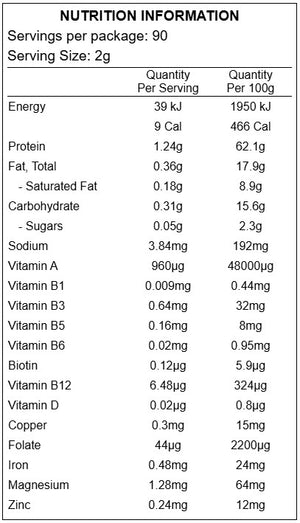 Supplement facts for Beef Liver Powder, 180g listing ingredients including  Alpha-casozepine, Biotin, Bone broth, Bovine Collagen Peptides, Co-Enzyme Q-10