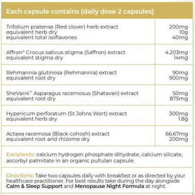 Ingredients: Trifolium pratense (Red clover) herb extract, Affron Crocus sativus stigma (Saffron) extract, Rehmannia glutinosa (Rehmannia) extract, SheVari4 Asparagus racemosus (shatavari) extract, Hypericum perforatum (St Johns ort) extract, Actaea racemosa (black cohosh) extract.