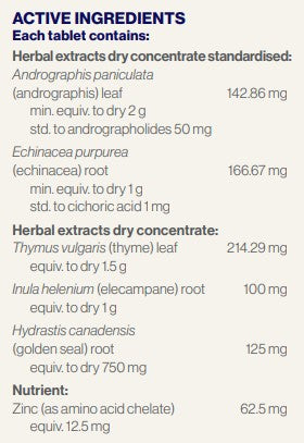 Supplement facts for ImmuneForce, 60tabs listing ingredients including Andrographis paniculata, Echinacea Angustifolia, Echinacea purpurea, Elecampane, Elecampane (Inula Helenium)