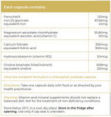 Supplement facts for Vitality Iron listing ingredients including Ascorbic Acid, Calcium Folinate, Choline, Choline Bitartrate, Folinic acid