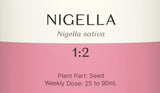 Supplement facts for Nigella 1:2 listing ingredients including Black seed oil, Nigella sativa