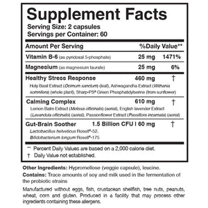 Supplement facts for AnxiaEase listing ingredients including Ashwagandha, Ashwagandha (Withania somnifera), Bifidobacterium, Bifidobacterium longum, Holy Basil