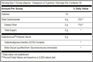 Supplement facts for Galactomune® Powder listing ingredients including Beta-Glucan, Galactomune, Galactooligosaccharides, Saccharomyces cerevisiae