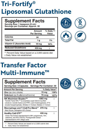 Supplement facts for Enhanced Immunity Duo (Watermelon) listing ingredients including Arabinogalactan, Ascorbic Acid, Astragalus, Beta Glucan, Camellia sinensis