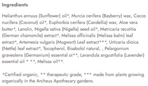 Supplement facts for Tingle Balm listing ingredients including Aloe Vera, Angustifolia, Artemisia, Chamomile, Chamomile (German)