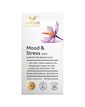 A supplement container of Mood & Stress 60caps by Harker Herbals