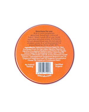 Supplement facts for Omrub 500gm listing ingredients including Althaea officinalis, Arnica montana, Beeswax, Black cumin, Capsicum annum