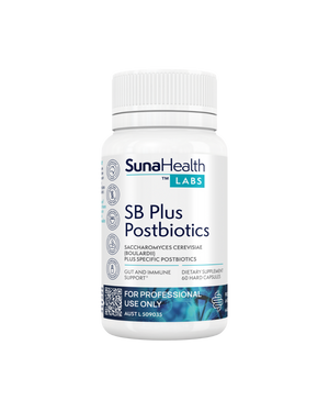 A supplement container of SB Plus Postbiotics by SunaHealth Labs