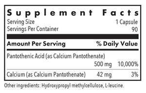 Supplement facts for Pantothenic Acid listing ingredients including Calcium Pantothanate, Vitamin B5, Vitamin B5 (Pantothenic Acid)