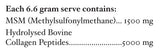 Supplement facts for Joint Care listing ingredients including Collagen Bovine Hydrolysed, MSM, Methylsulfonylmethane