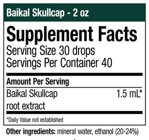 Supplement facts for Baikal Skullcap listing ingredients including Skullcap (Scutellaria lateriflora)
