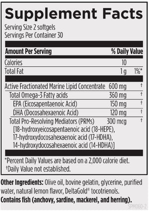 Supplement facts for SPM Supreme™ listing ingredients including DHA, Deltagold Tocotrienols Vitamin E, Docosahexaenoic acid, EPA, Eicosapentaenoic acid