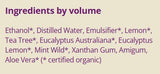 Supplement facts for Purify: Hand Sanitiser 50ml listing ingredients including Aloe Vera, Ethanol, Eucalyptus Oil, Lemon Extract, Olive extract