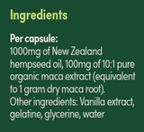 Supplement facts for Hempseed Oil and Maca Refill Pouch listing ingredients including Glycine, Helichrysum Hydrosol, Indian Frankincense Extract, Lavender Extract, Maca extract