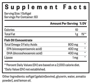 Supplement facts for Fish Oil 60 Softgel listing ingredients including DHA, Docosahexaenoic acid, EPA, Eicosapentaenoic acid, Fish Oil