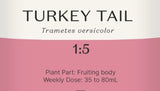 Supplement facts for Turkey Tail 1:5 listing ingredients including Turkey tail mushroom (Trametes versicolor)