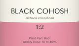 Supplement facts for Black Cohosh 1:2 listing ingredients including Actaea racemosa, Althaea officinalis, American Ginseng, Arctium Lappa, Ashwagandha