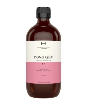 Supplement facts for Dong Quai 1:1 listing ingredients including Angelica sinensis, Dong Quai