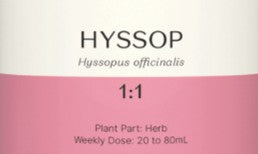 Supplement facts for Hyssop 1:1 listing ingredients including Hyssop Extract, Hyssopus Officinalis