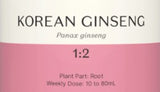 Supplement facts for Korean Ginseng 1:2 listing ingredients including Ginseng, Korean Ginseng (Panax ginseng)
