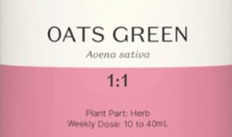 Supplement facts for Oats Green 1:1 listing ingredients including Avena Sativa