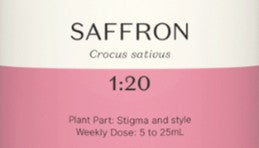 Supplement facts for Saffron 1:20 listing ingredients including Affron, Crocus sativus, Crocus sativus stigmas, Saffron (Crocus sativus)