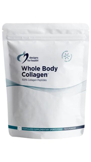 A white supplement container that says designs for health whole body collagen 100% collagen 750g oral powder