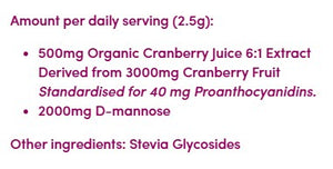 Supplement facts for Cranberry Active listing ingredients including Cranberry, Mannose, Proanthocyanidins, Stevia (Stevia rebaudiana), Vaccinium macrocarpon
