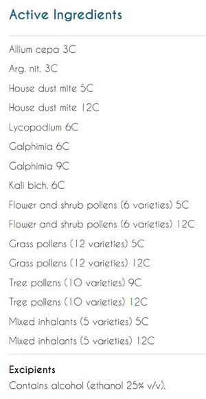 Supplement facts for Acute Airborne Allergy Ease listing ingredients including Argentum Nitricum, Dust Mite, Kali Bichromicum, Lomatium Dissectum, Onion (Allium Cepa)