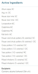 Supplement facts for Acute Airborne Allergy Ease listing ingredients including Argentum Nitricum, Dust Mite, Kali Bichromicum, Lomatium Dissectum, Onion (Allium Cepa)