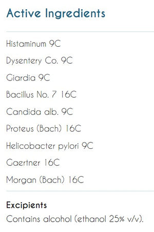 Supplement facts for Acute Dysbiosis Recover listing ingredients including Candida Albicans, Histaminum Muriaticum