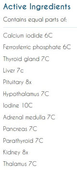 Supplement facts for Organo Thy Balance listing ingredients including Adrenal Complex, Calcium, Cod liver, Cod liver oil, DAO2 Porcine Kidney Extract