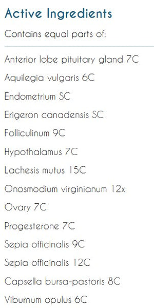 Supplement facts for Organo ReproFem N listing ingredients including Cramp Bark, Lachesis, Sepia (Sepia officinalis), Shepherd’s Purse