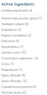 Supplement facts for Organo ReproFem N listing ingredients including Cramp Bark, Lachesis, Sepia (Sepia officinalis), Shepherd’s Purse
