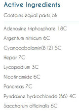 Supplement facts for Organo Pan Sucro Bal listing ingredients including Adenosine, Argentum Nitricum, Cyanocobalamin, Hepar Sulphuris Calcareum, Lomatium Dissectum