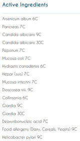Supplement facts for Organo Bowel Digest listing ingredients including Arsenicum Album, Candida Albicans, Chinese Yam, Collinsonia Canadensis, Dairy