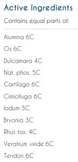 Supplement facts for Organo Joint listing ingredients including Cimicifuga Racemosa, Poison Ivy (Rhus Toxicodendron), Veratrum Viride, White Bryony