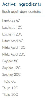 Supplement facts for Genesis Trust & Hope listing ingredients including Lachesis, Sulfur, Thuja Occidentalis