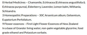 Supplement facts for SleepDrops Night Immune listing ingredients including Arsenicum Album, Ashwagandha (Withania somnifera), Boneset, Chamomile, Echinacea Angustifolia