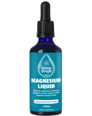 A supplement container of SleepDrops Magnesium Liquid by SleepDrops