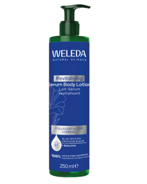 A supplement container of Blue Gentian Revitalising Serum Body Lotion by Weleda