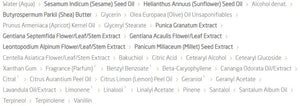 Supplement facts for Blue Gentian Revitalising Serum Body Lotion listing ingredients including A-Pinene, Alpha-Pinene, Alpha-Terpinene, Apricot Oil, Beta-Pinene