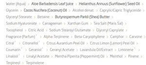 Supplement facts for Citrus Hydrating Body Lotion listing ingredients including A-Pinene, Aloe Barbadensis, Alpha lipopic acid R from, Alpha-Pinene, Alpha-Terpinene