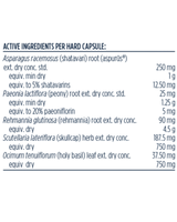 Supplement facts for FemAdapt listing ingredients including Asparagus racemosus, Holy Basil, Ocimum sanctum, Ocimum tenuiflorum, Peony (Paeonia lactiflora)