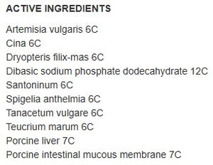 Supplement facts for NBWS Parasite Drainage listing ingredients including Artemisia, Dibasic sodium phosphate, Sodium, Sodium phosphate