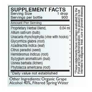 Supplement facts for A-BART listing ingredients including Allium sativum, Azadirachta indica, Citrus Aurantium, Clove (Syzygium aromaticum), Clove bud