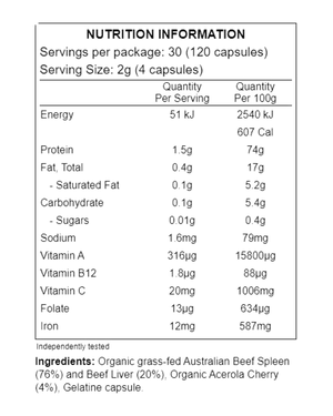 Supplement facts for Beef Offal listing ingredients including Acerola extract, Beef