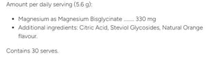 Supplement facts for Magnesium Restore Powder listing ingredients including Citric Acid, Magnesium bisglycinate, Orange Juice Powder, Stevia leaf (Stevia rebaudiana)