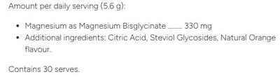 Supplement facts for Magnesium Restore Powder listing ingredients including Citric Acid, Magnesium bisglycinate, Orange Juice Powder, Stevia leaf (Stevia rebaudiana)