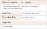 Supplement facts for Magnesium Threonate 60g listing ingredients including Magnesium, Magnesium l-threonate